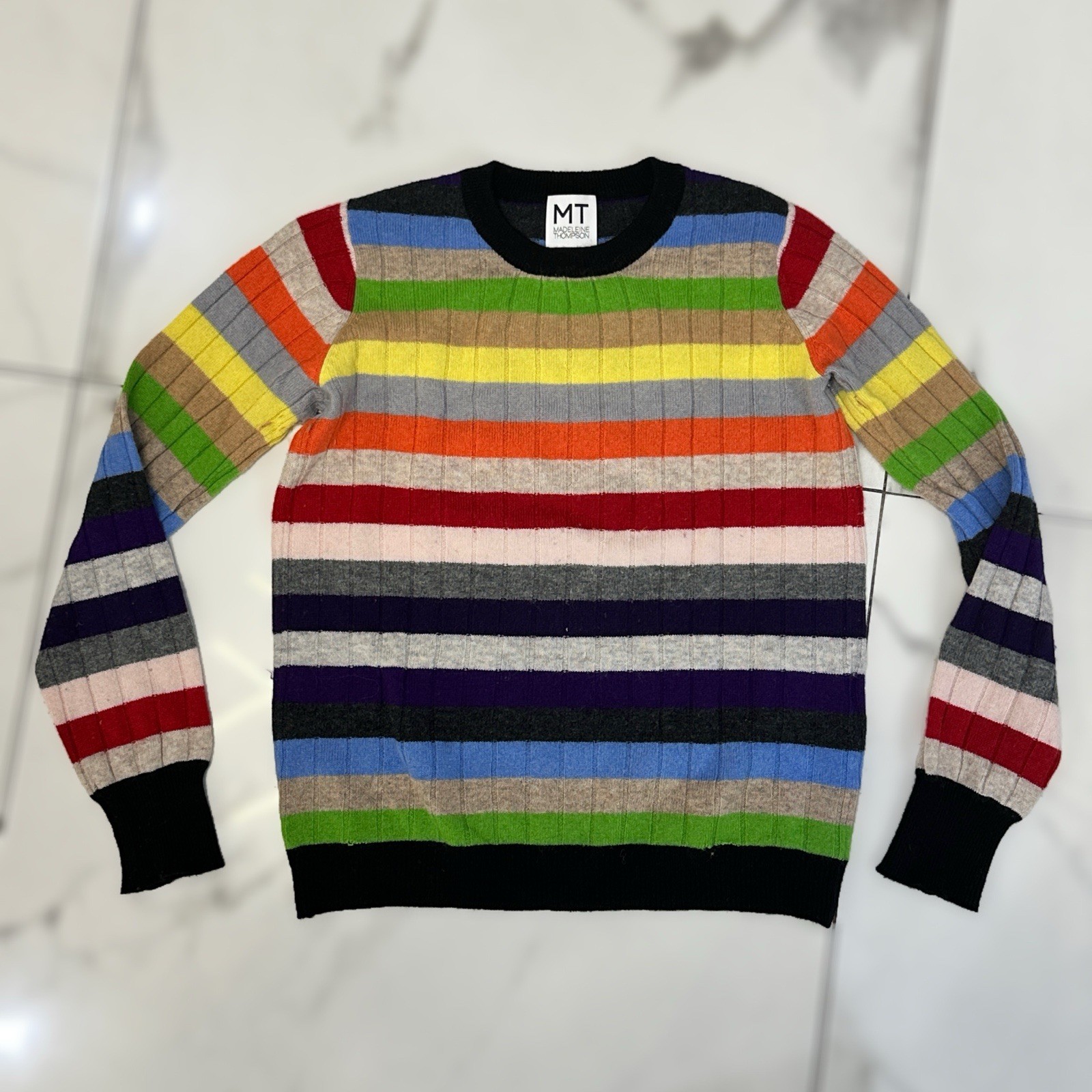 MADELEINE THOMPSON Women Elegant Striped Sweater Top Cashmere Wool XS