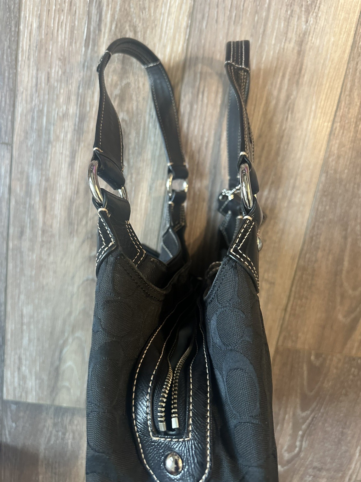 Coach Soho Lynn shoulder bag, black signature jacquard fabric black leather trim
