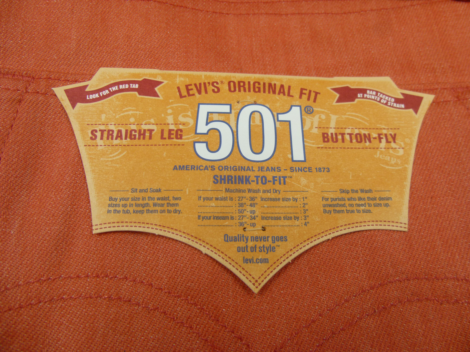 Levis 501 Shrink to Fit Coral Raw Button-fly Jeans 40 x 32 Men’s $70 New Tags