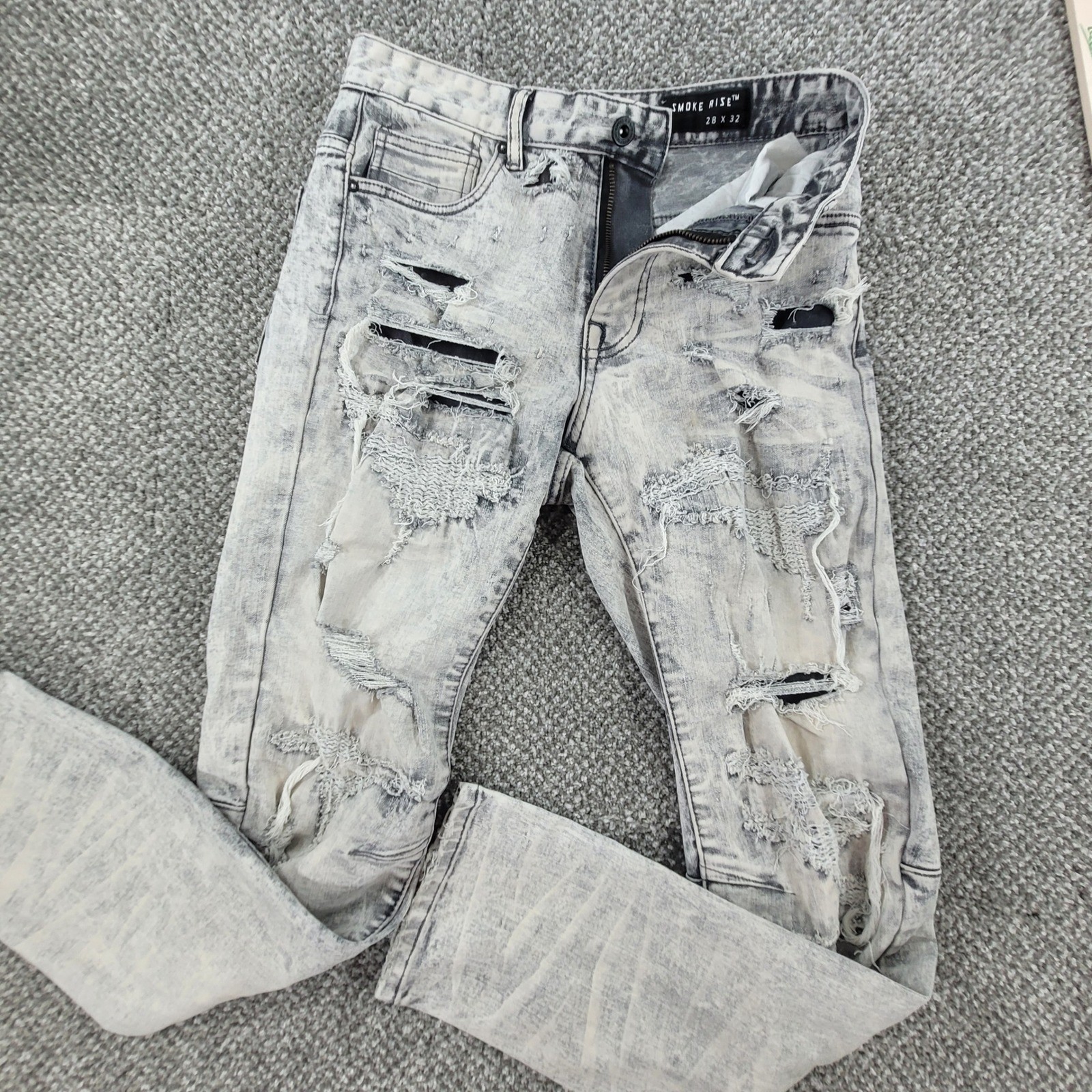 Smoke Rise Mens Distressed Acid Wash Moto Jeans Gray 28×32 Slim Ripped Denim