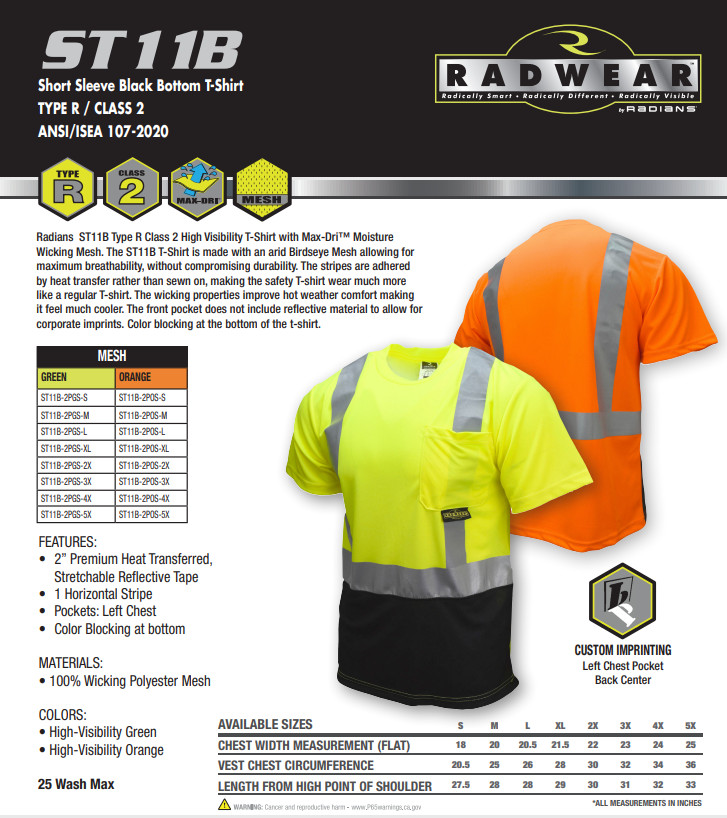 ST11B High Visibility Class 2 Reflective Traffic Road Work Construction T Shirt