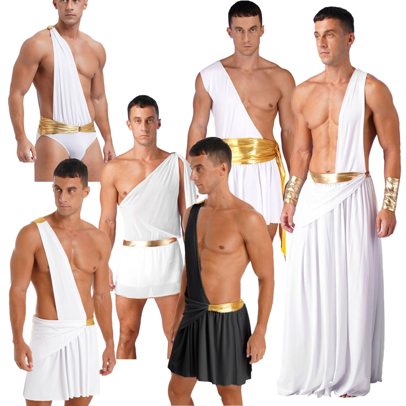 US Mens Ancient Greek Roman Toga Costume One Shoulder Ruffle Dress Cosplay Gown
