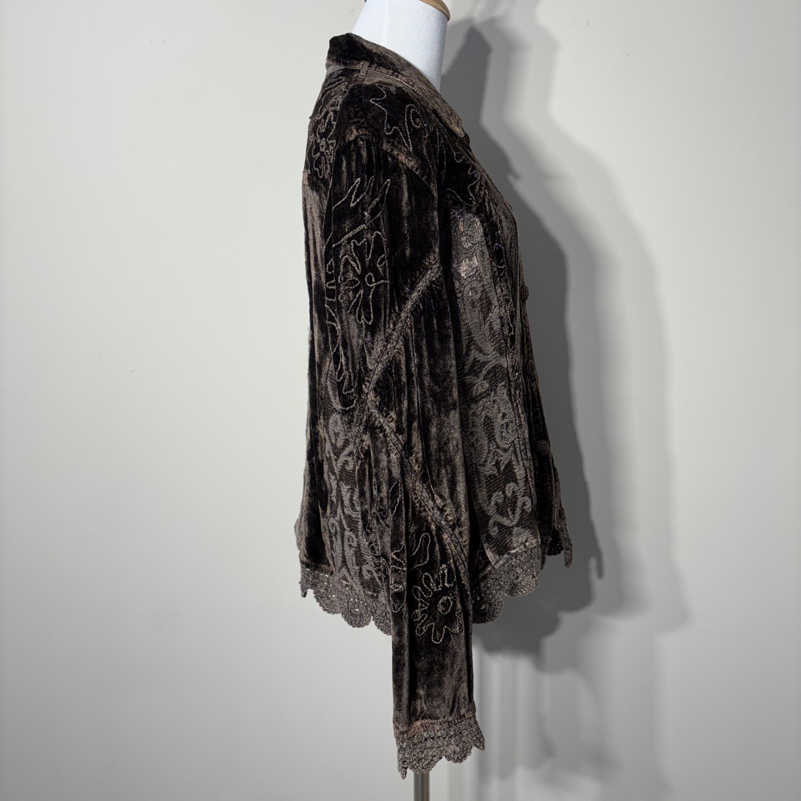 Whimsigoth Gothic Flashback Jacket 2X Brown Velvet Lace Embroidered Patchwork