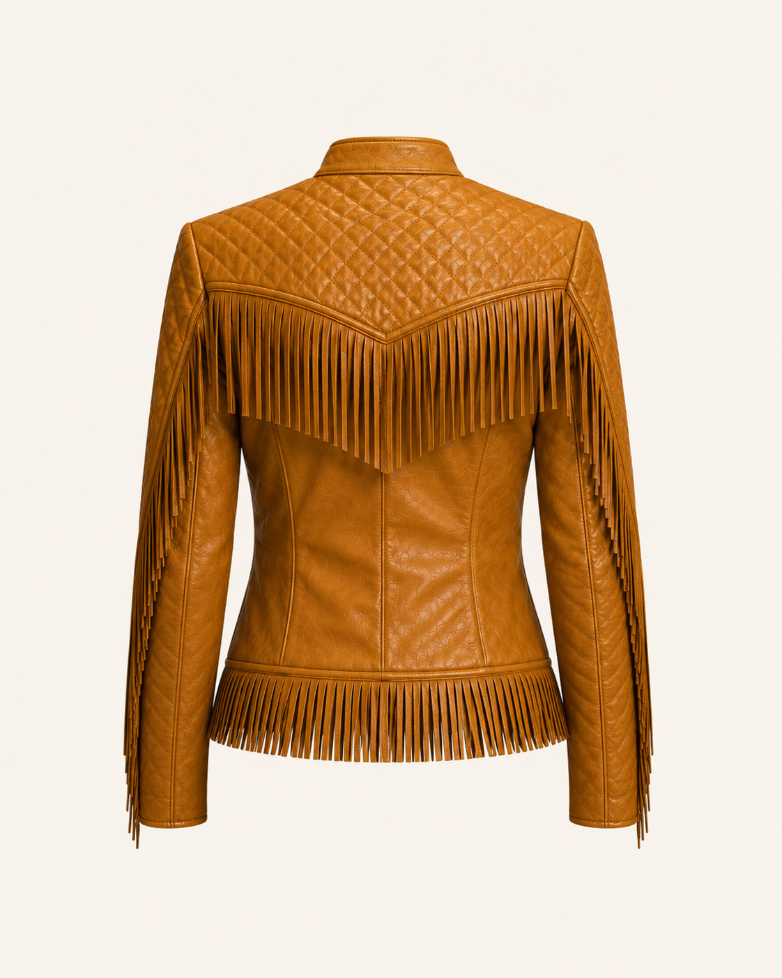 Womens Tan Mustard Leather Fringe Jacket – Quilted Western – Moto Biker Zip Coat