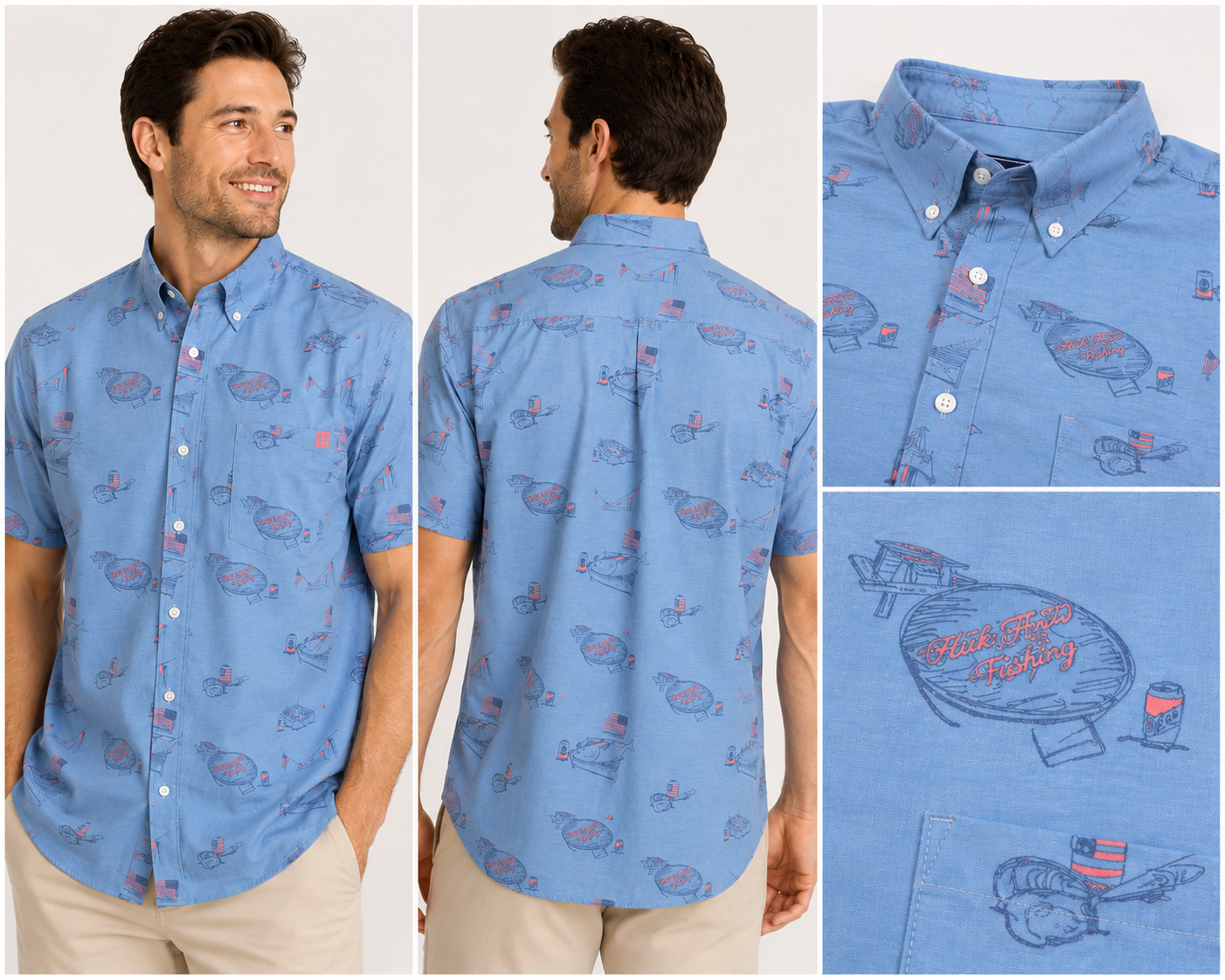 Huk Fishing Men’s NWT Americookin Kona Short Sleeve Button Shirt Blue UPF 30+