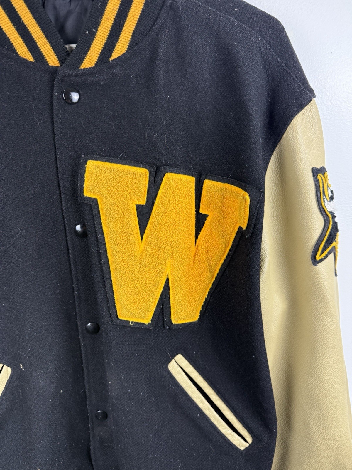 Varsity Letterman W Viking Black Yellow Beige Wool Leather Jacket Size Medium
