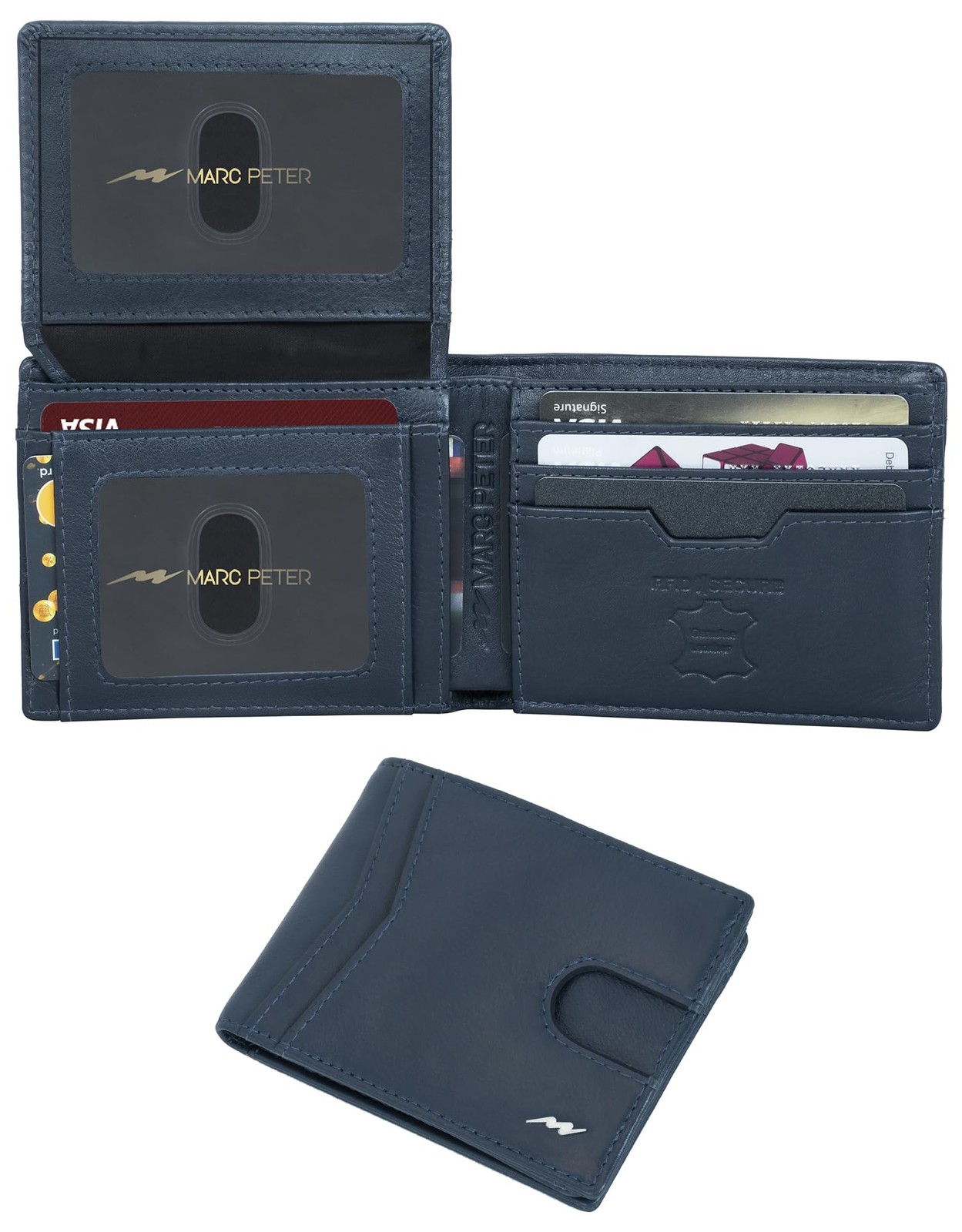 Marc Peter Wallet for Men Slim Bifold RFID Blocking 10.5×8.2×1.3 cm, Navy