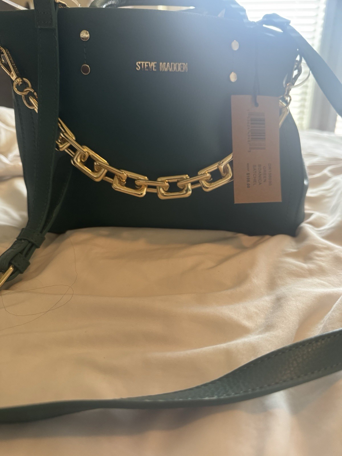 Steve Madden Green Medium Satchel Top Handle Zip Crossbody Strap Gold Chain