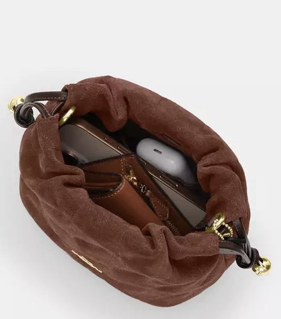 🤎 NWT COACH Faye Mini Drawstring Bag With Quilting Suede & Leather CDC42 Brown