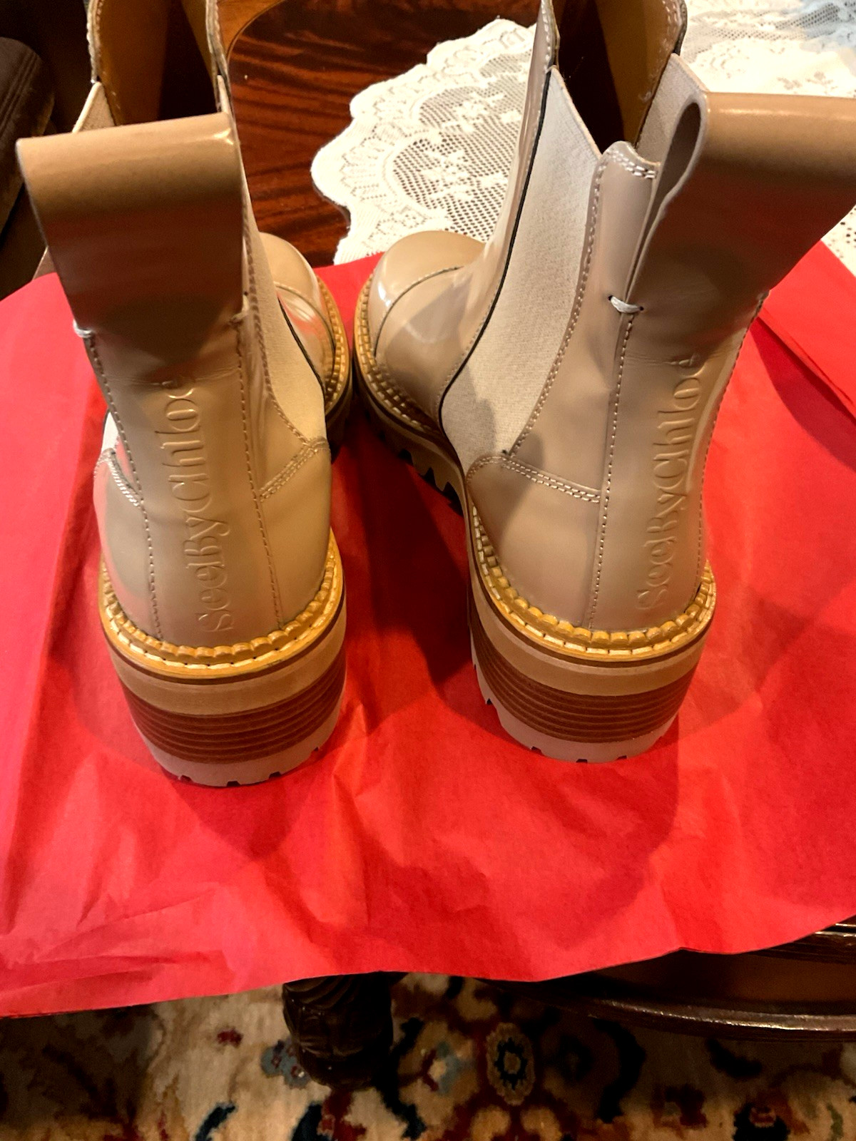 See by Chloe women beige leather ankle boot (38) lug sole round toe 2.25 in heel