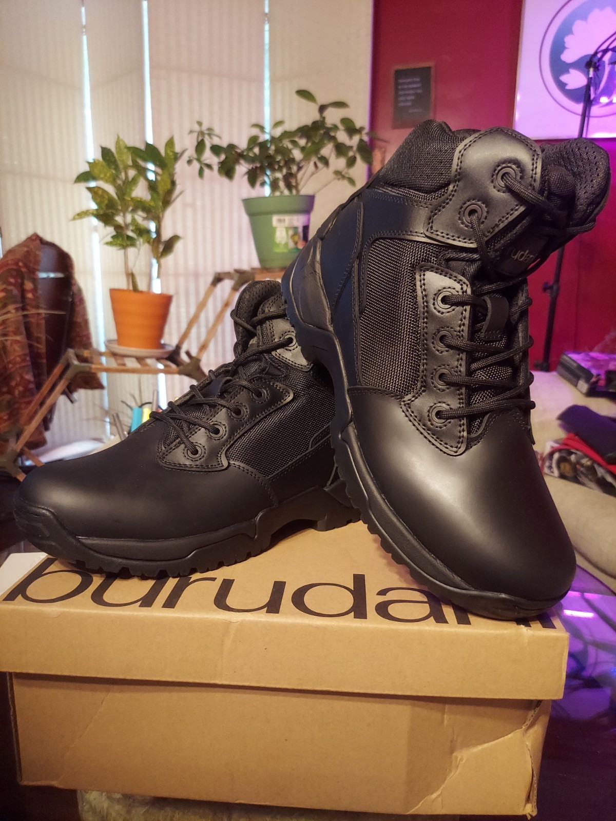 BURUDANI Men Leather Tactical Boots Military Side Zip Lace Up Boots Blk 10.5