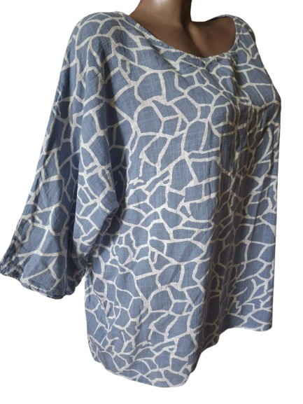 BLUE VANILLA Blue White Cotton Mosaic Tunic Blouse Geometric Boho Top L XL 14 16