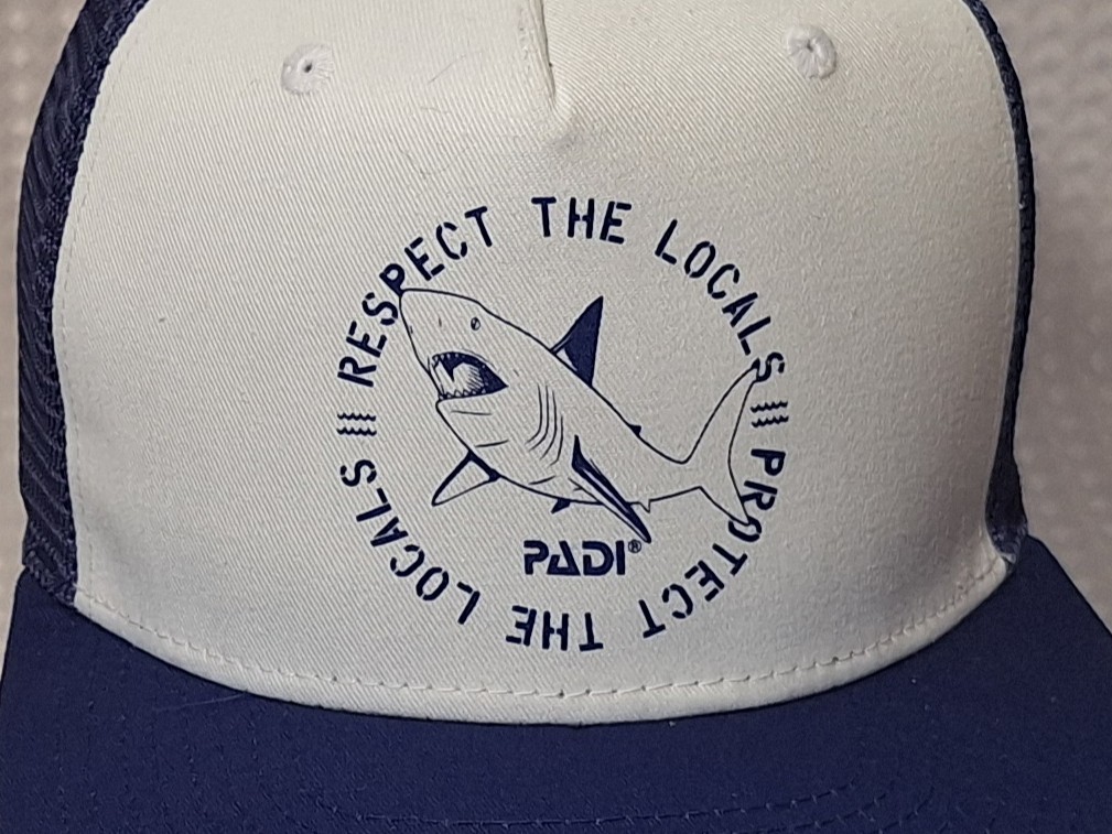 PADI Respect The Locals Shark White Blue Cap Hat Ocean Bound Plastic Diving New