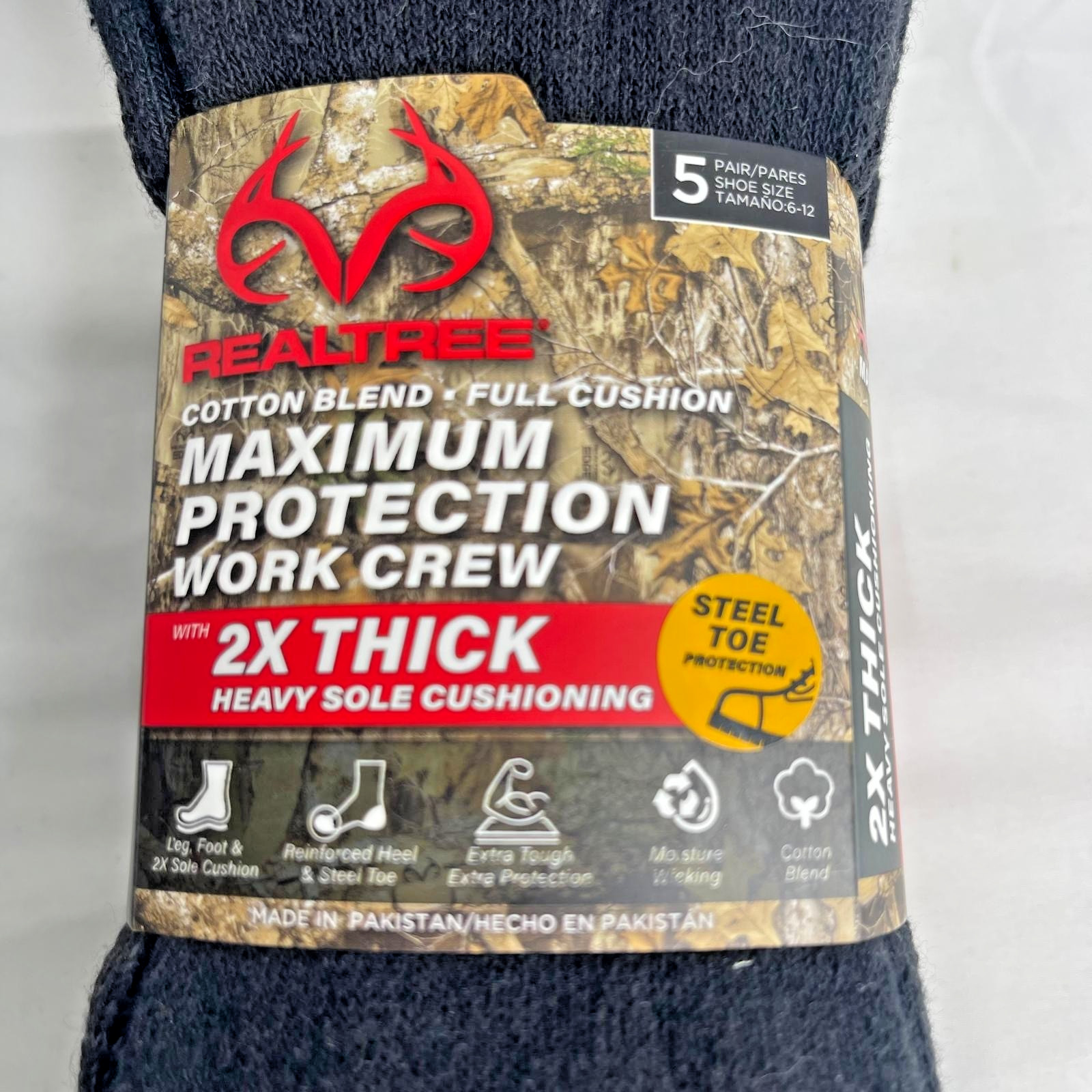 Genuine Realtree Work Crew Socks 5 Pairs Steel Toe 2X Thick Cushioned Mens Boot