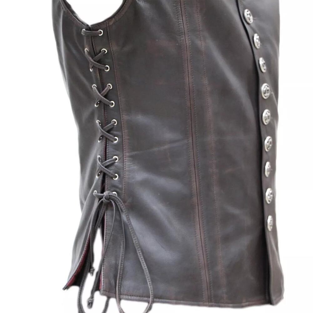 Button and straps closer leather vest brown color for men