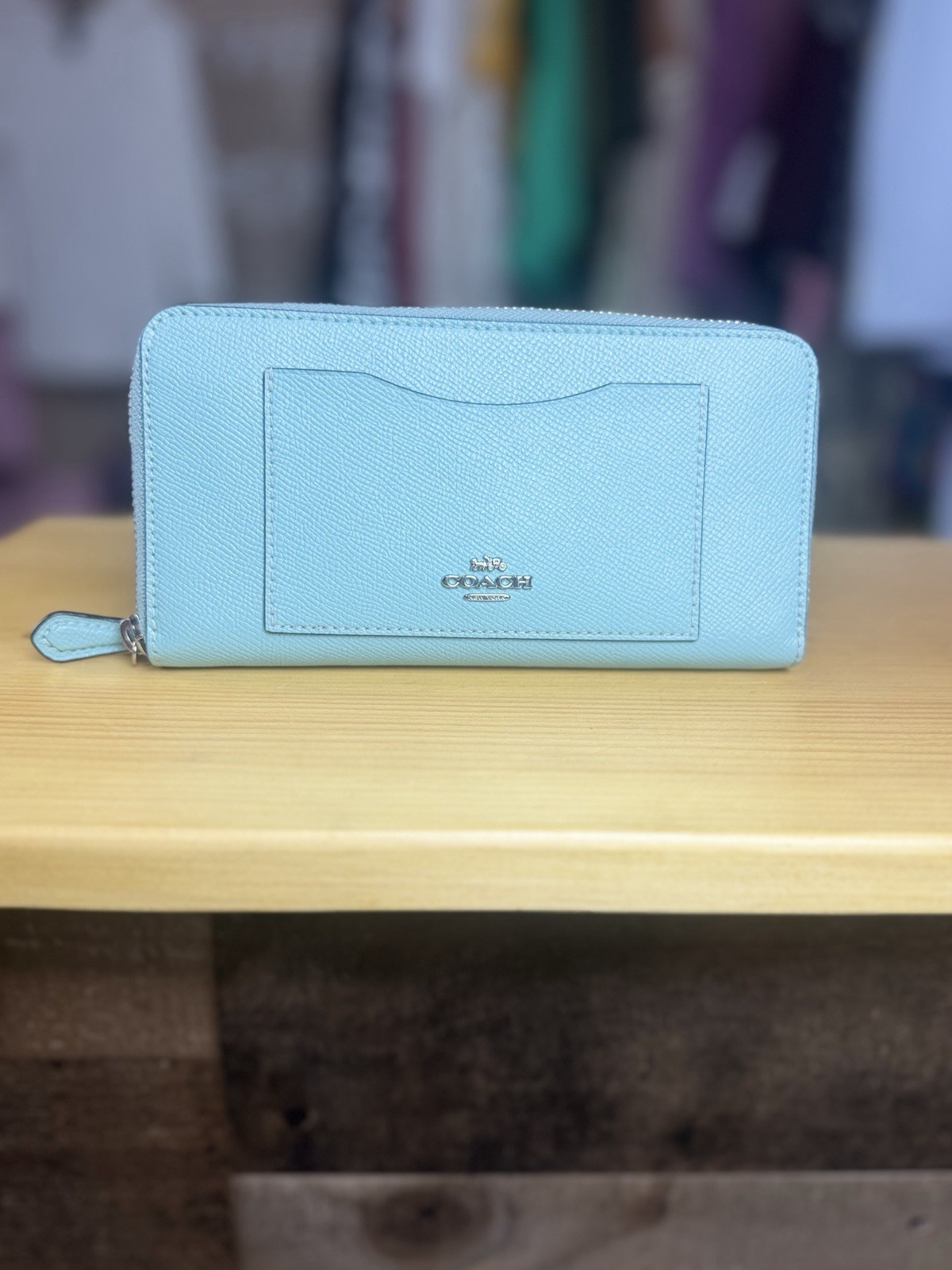 Authentic Coach Light Blue Crossgrain Leather Zip Around Wallet
