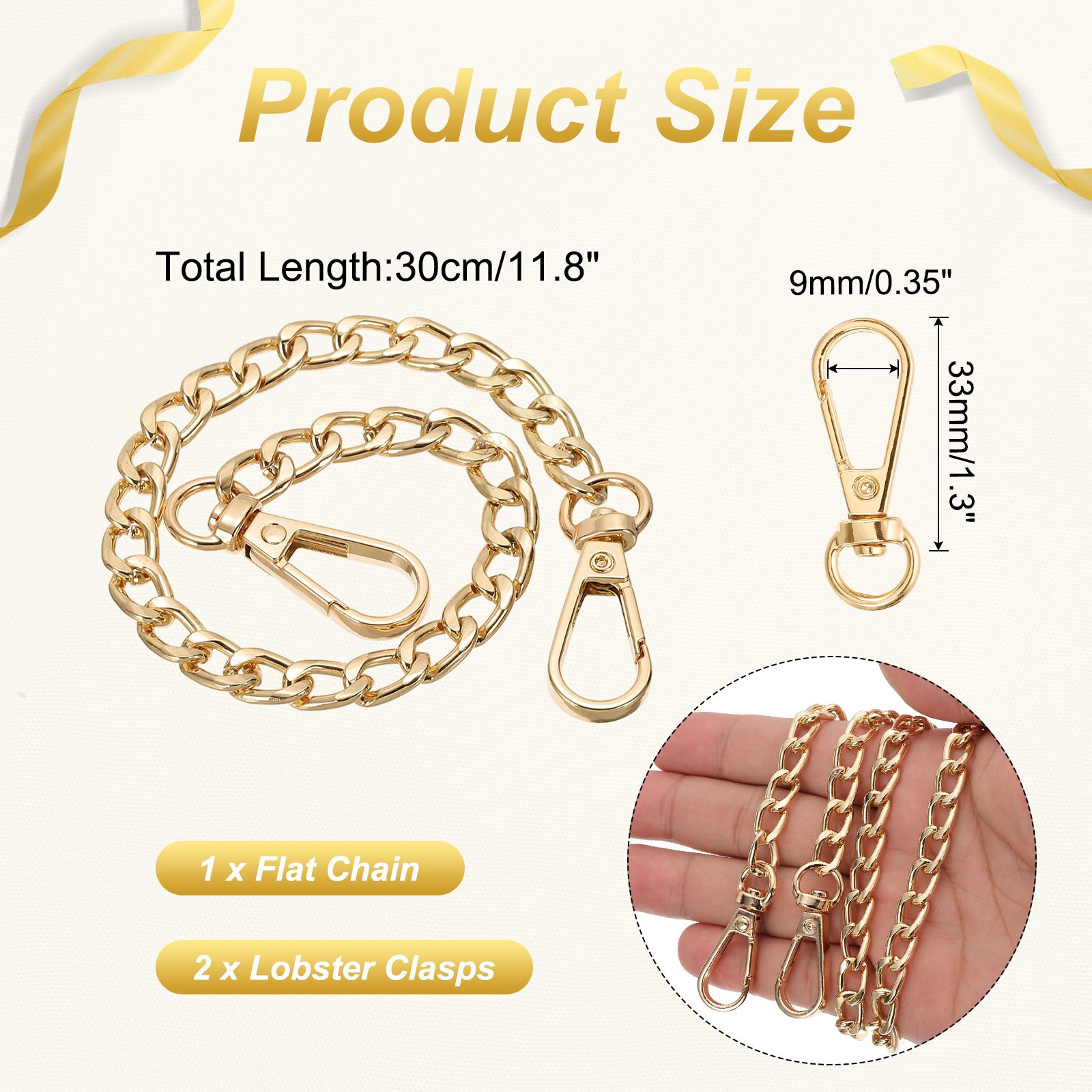 11.8″ Flat Purse Chain Strap Lobster Swivel Trigger Clips Style2 Gold