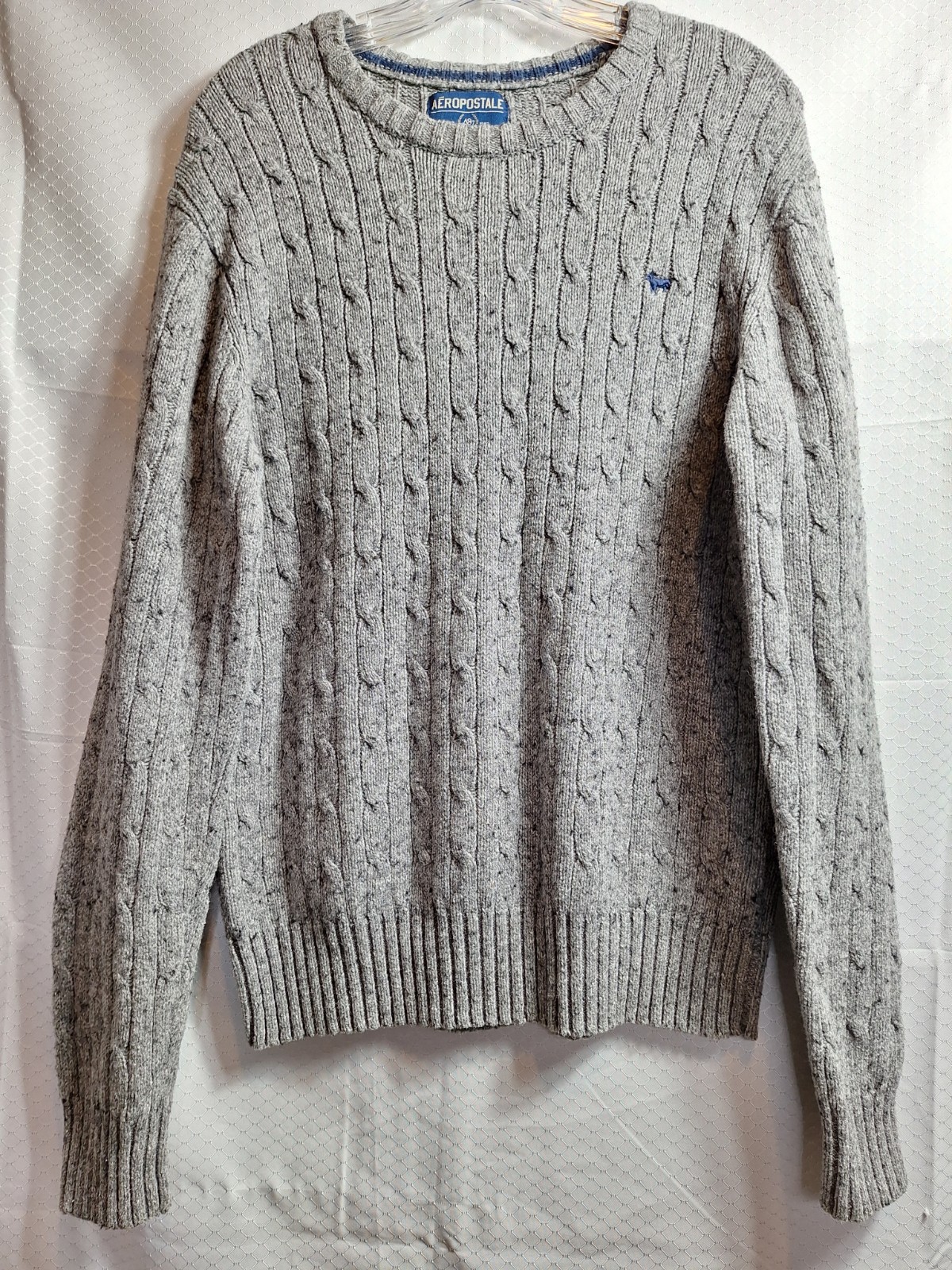 Vtg AEROPOSTALE Cable Knit Crewneck Sweater Sz M Gray Blue Logo Fisherman Y2K