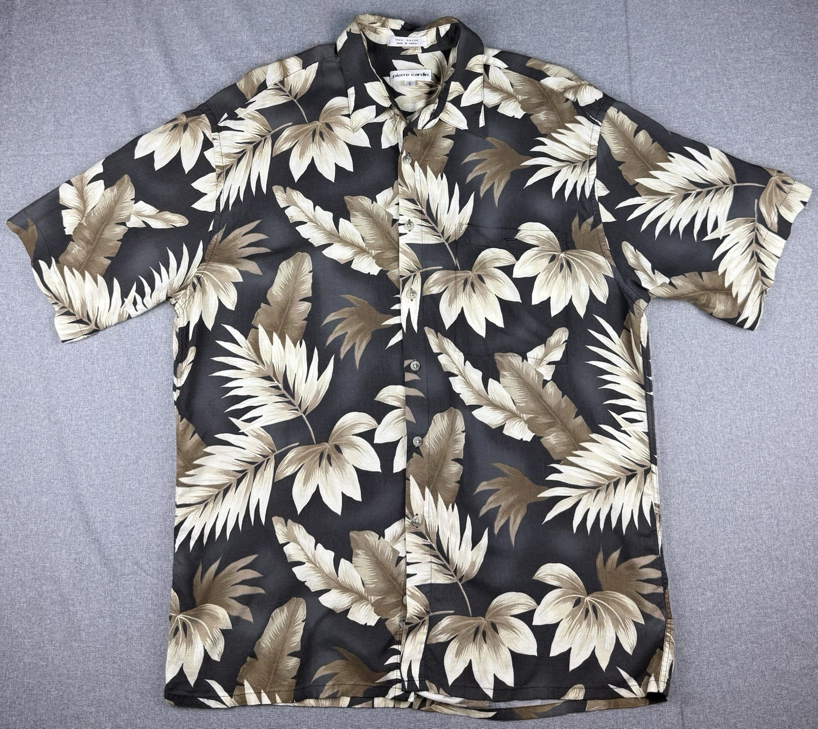 Pierre Cardin Hawaiian Shirt Mens Large Rayon Tropical Palm Leaf Camp