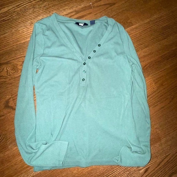 Lands End Womens XS Seafoam Green Ribbed Long Sleeve Henley Top V-Neck Shirt