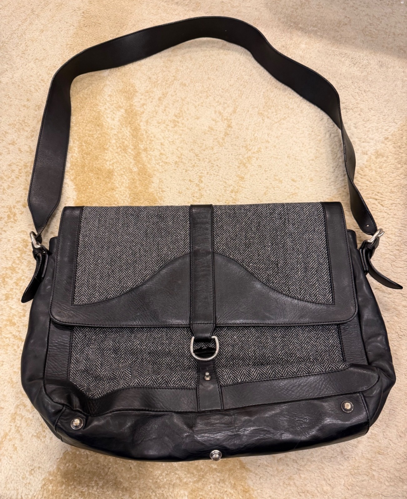 Ghurka herringbone leather and tweed messenger bag crossbody laptop satchel
