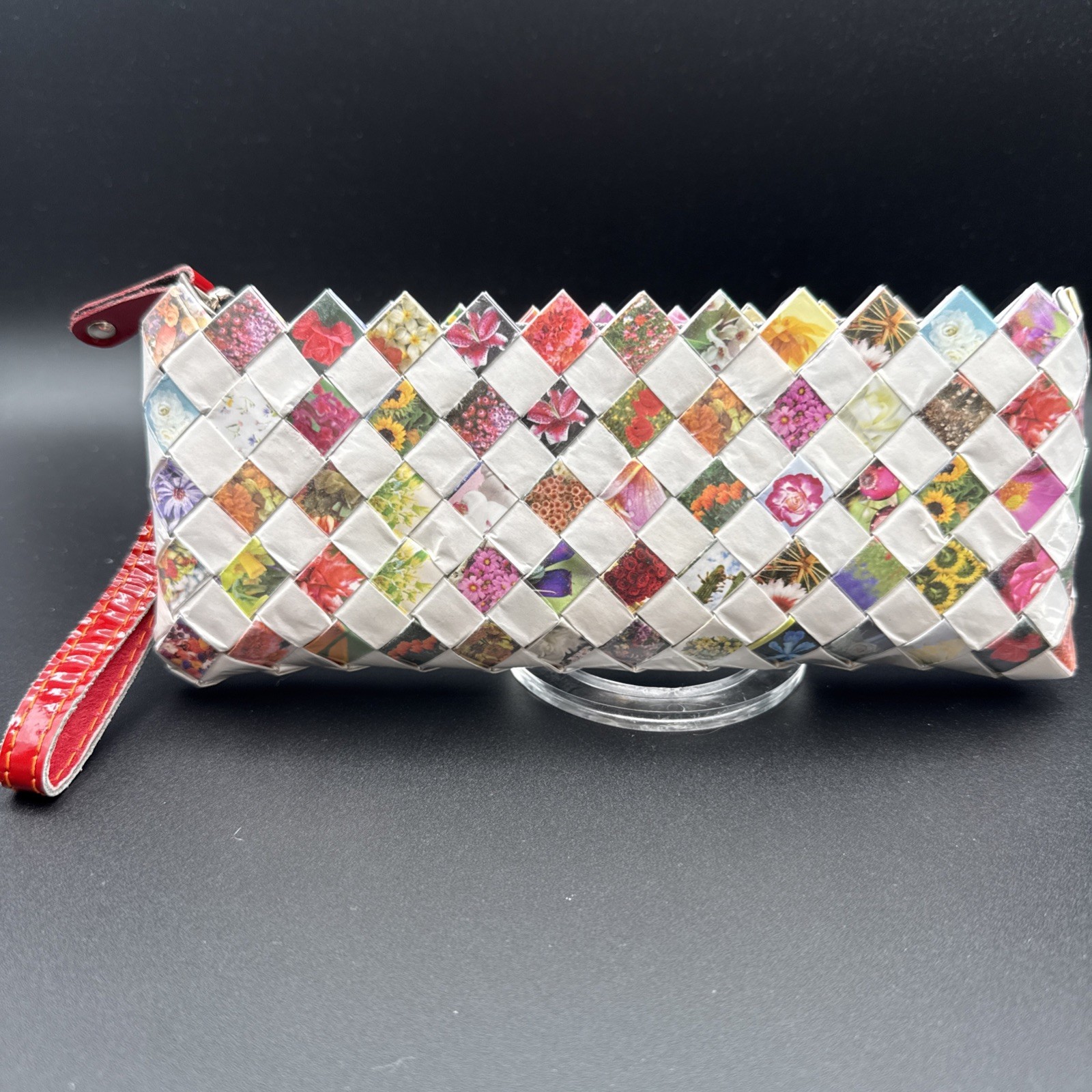 Nahui Ollin White And Floral Candy Wrapper Clutch Purse Wristlet Zip Top Woven