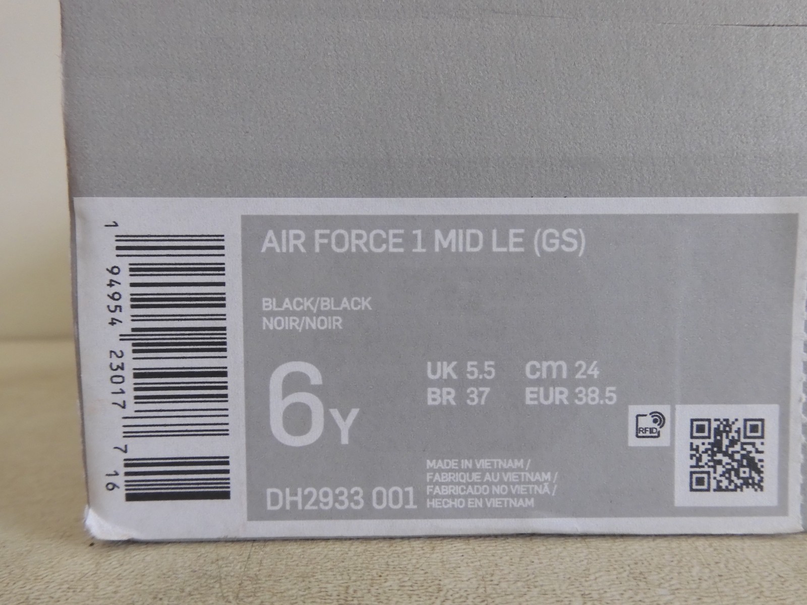Nike Air Force 1 Mid Le (GS) All Black Black-Black Sz 6Y [DH2933-001]