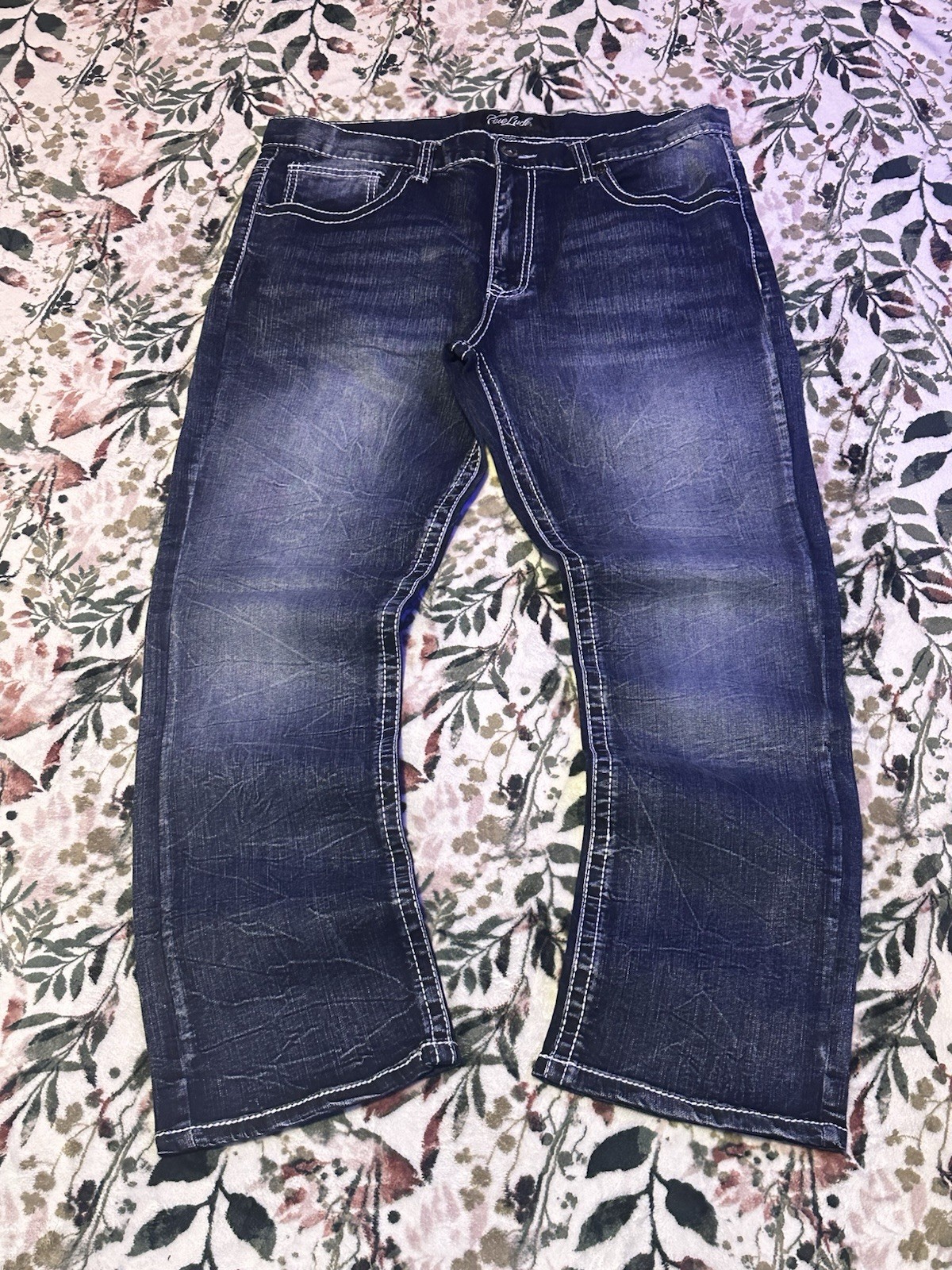 True Luck Men’s Blue Dark Wash Flared Denim Jeans 5-Pocket Button Zip(36×30)