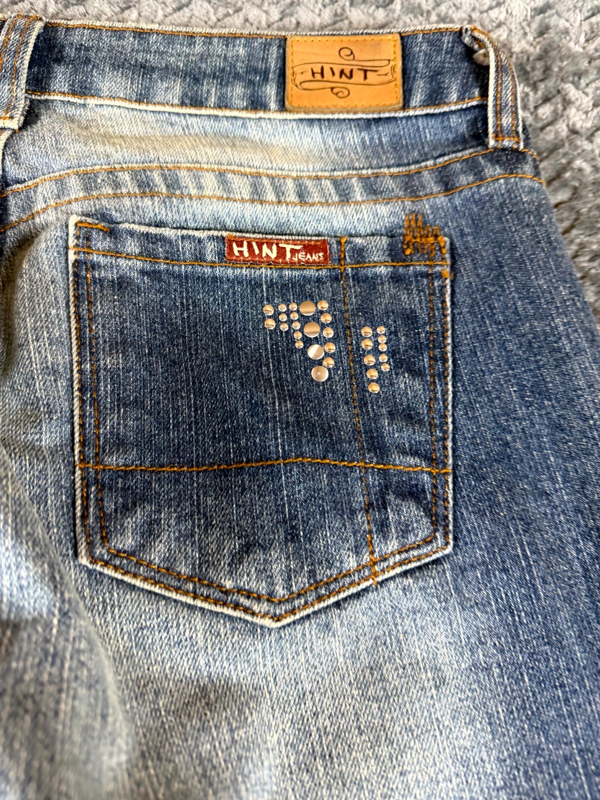 Vintage Hint Flare Jeans Womens 1 Blue Denim Cotton Studded Distressed Mid Rise