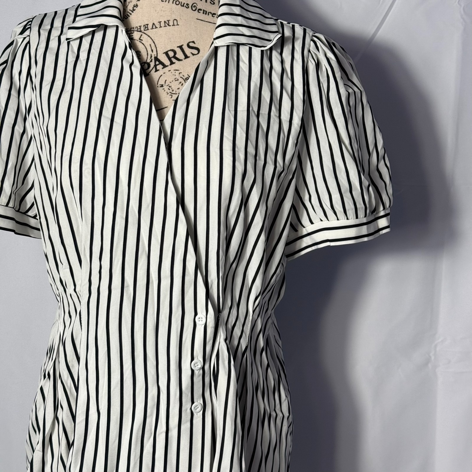 SHEIN LRG White Black Striped Blouse Asymmetrical Button Snap Collar Career Top