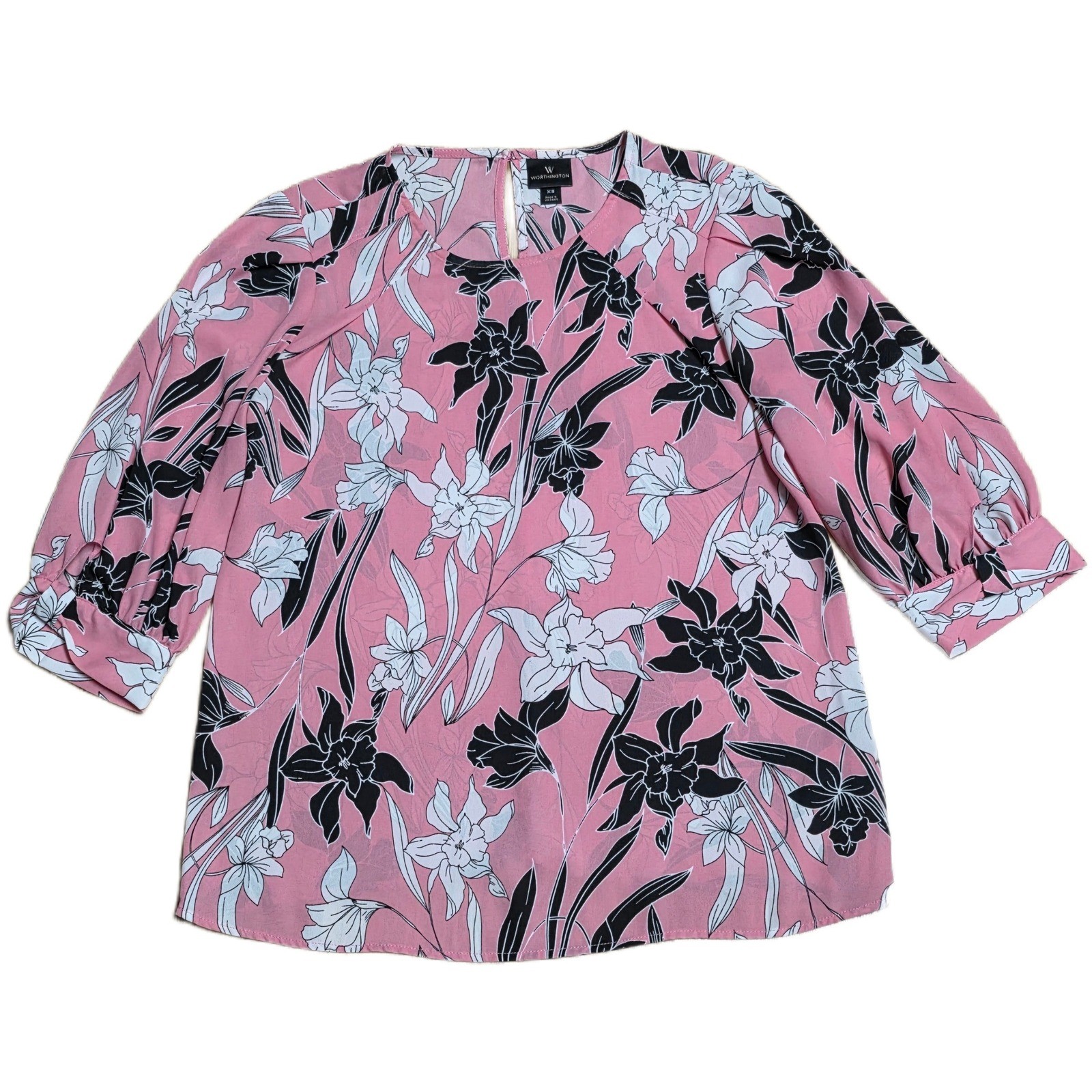 Worthington Floral Print Blouse Women’s Size XS Pink 3/4 Sleeve Keyhole Neck