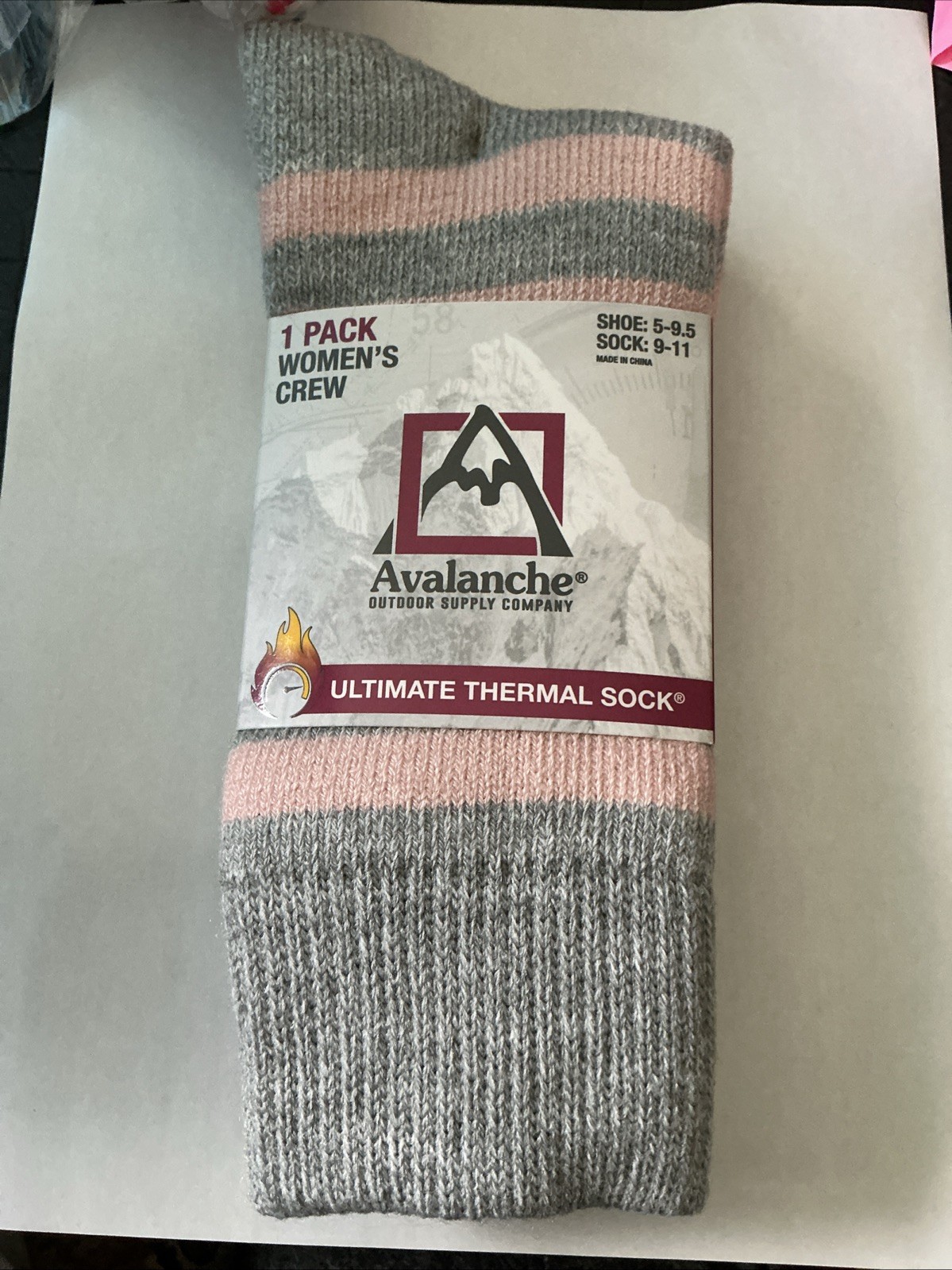 NEW WOMEN’S AVALANCHE ULTIMATE THERMAL CREW SOCK 1 Pair 9-11 Pink & Grey