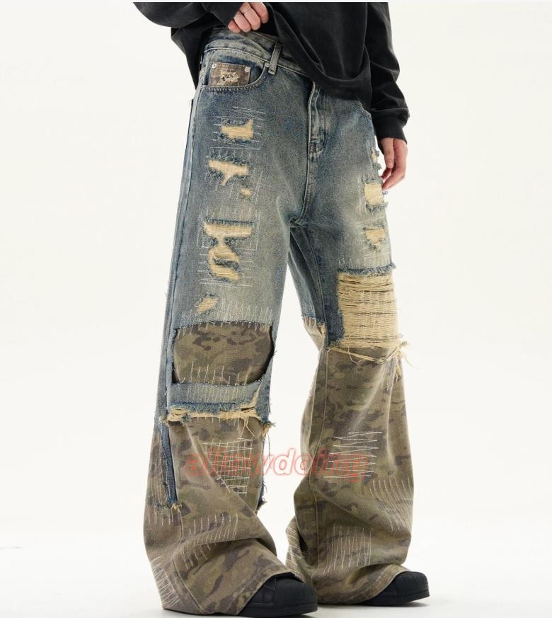 Men’s Blue Denim Camouflage Mixed Ripped Casual Pants Trousers Punk Hip Hop
