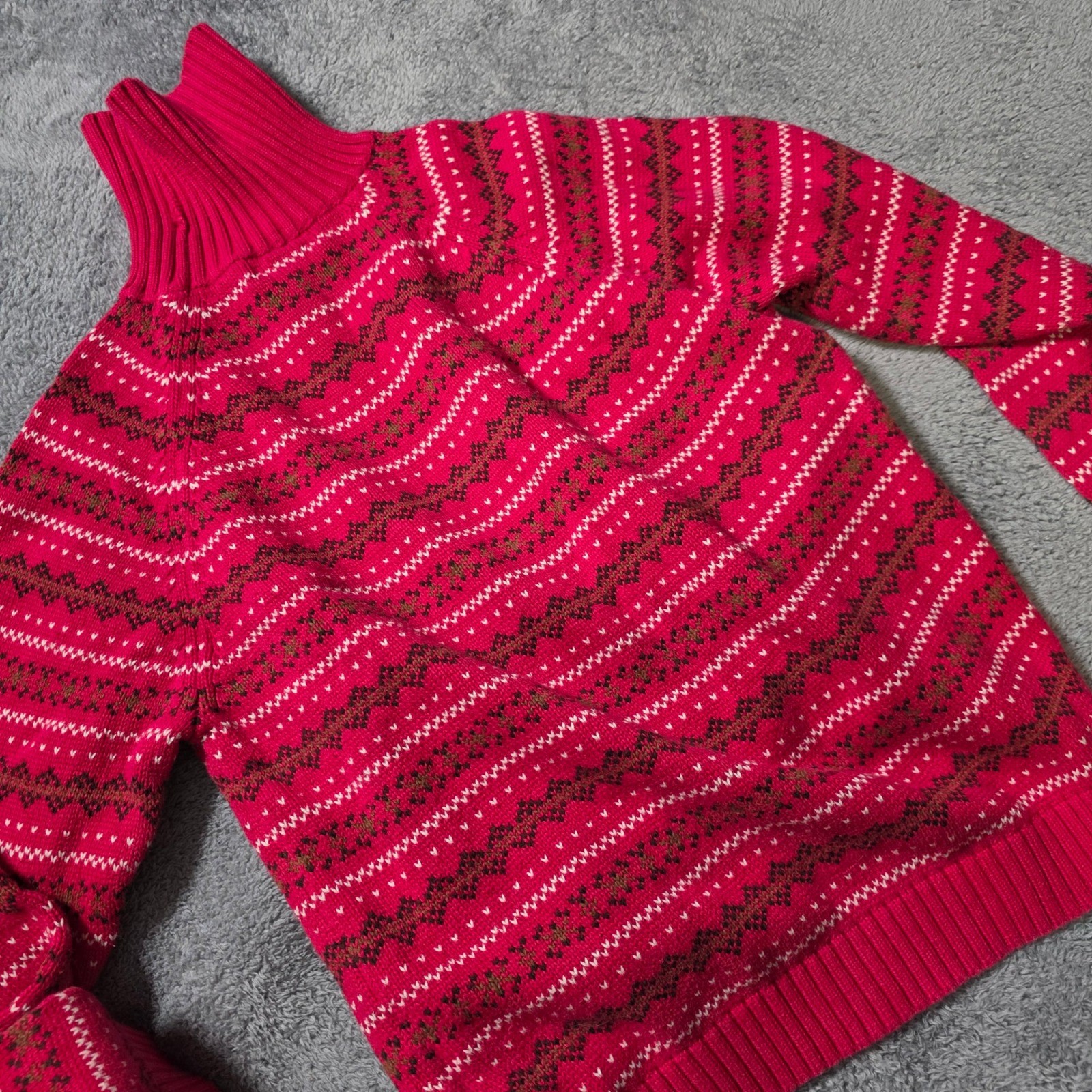 Lands End Womens L 14-16 Turtleneck Sweater Red Fair Isle Cotton Raglan Knit