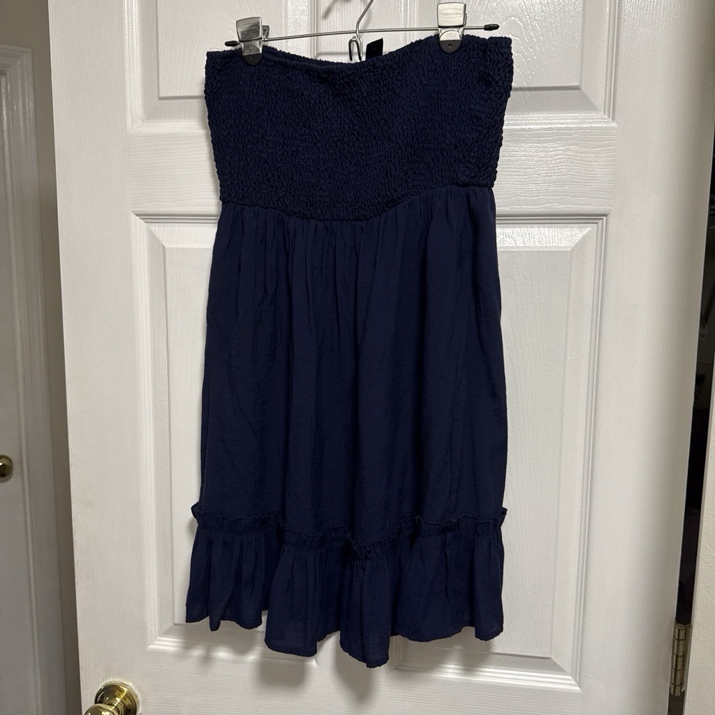 Seasty Blue Solid Strapless Smocked Pullover Short Sundress Womens L