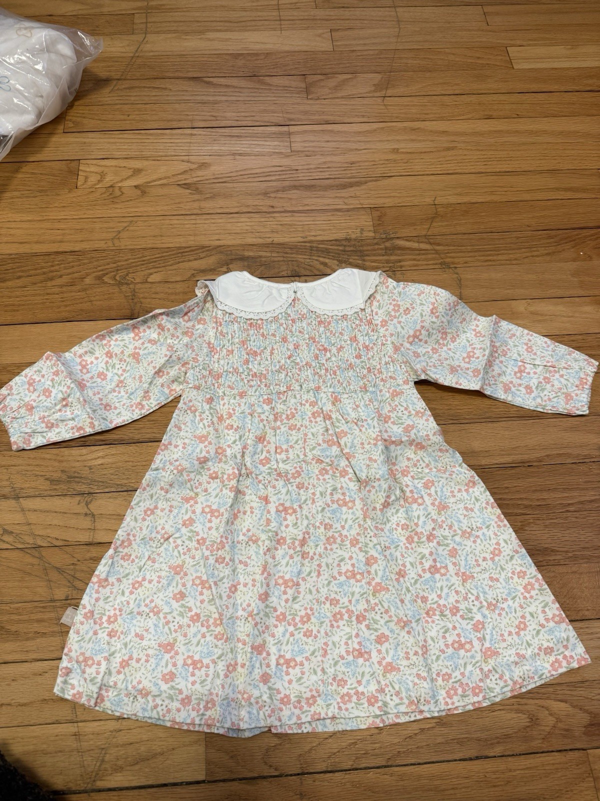 DAVE & BELLA Floral Smocked Collared Long Sleeve Knee Dress 3T White Pink Blue