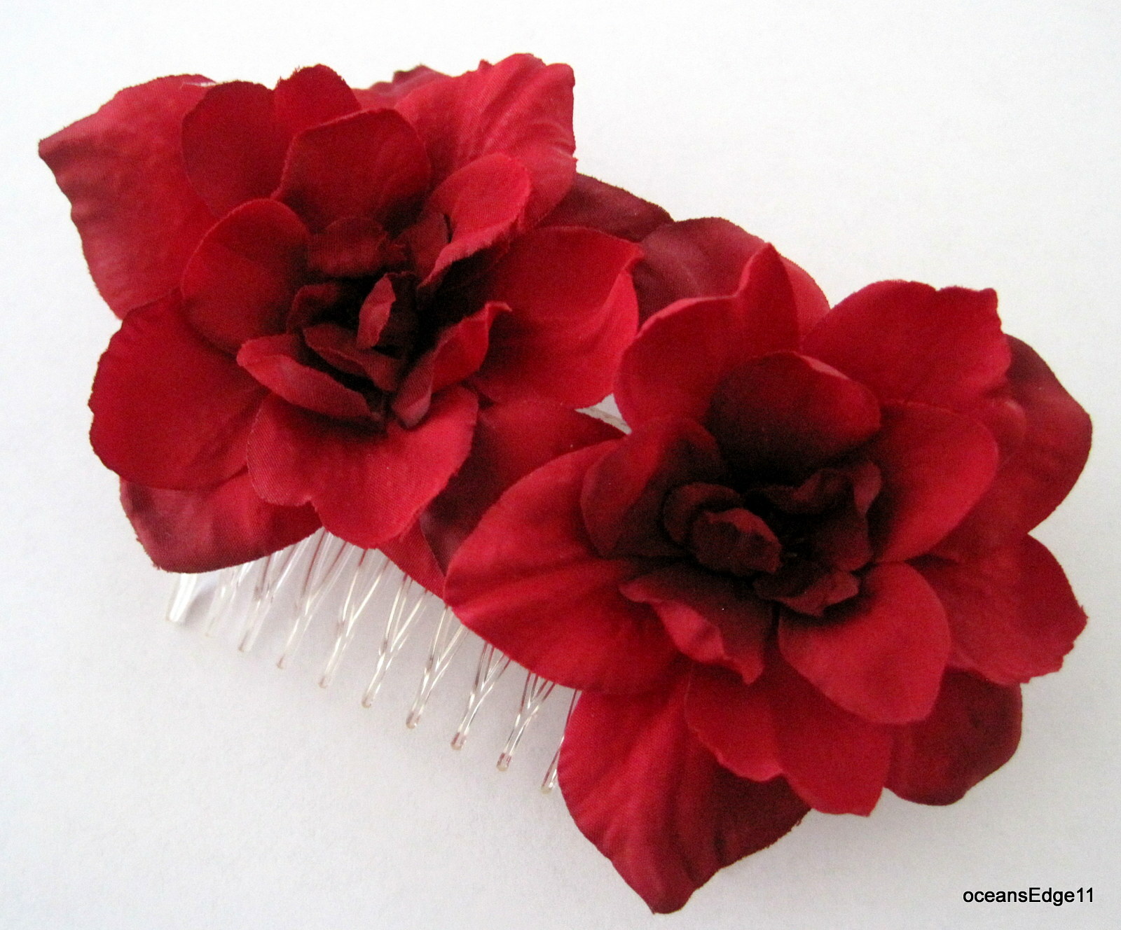 Double Deep Red Apple Blossom Silk Flower Hair Comb,Bridal,Pin Up