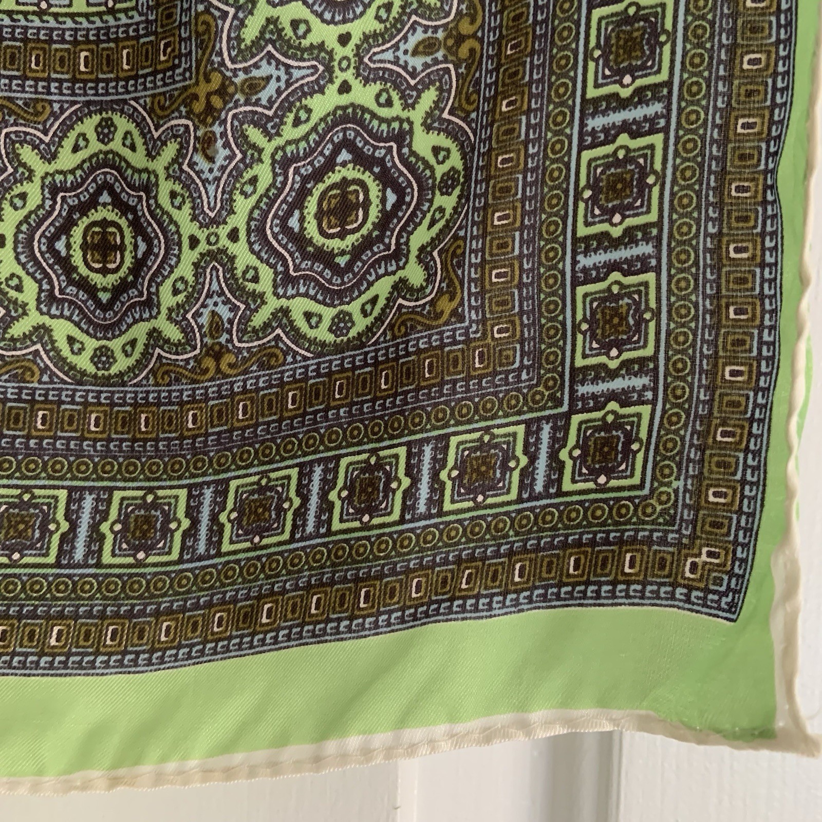 vintage 23in square Lime Green Medallion print rolled edge scarf