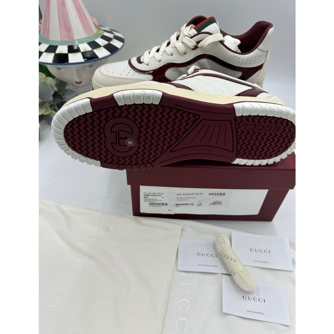 Men’s Gucci re-web sneakers in white leather and patent trim sz 11 fits 11.5 US