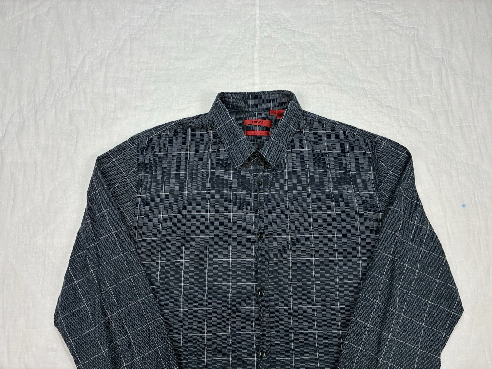Hugo Boss Slim Fit Gray Geo Check Button Down Shirt Mens Large