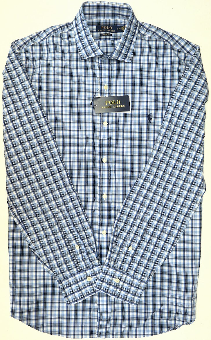 Polo Ralph Lauren Cotton Stretch Long Sleeve Shirt Mens Blue Gray Plaid $89