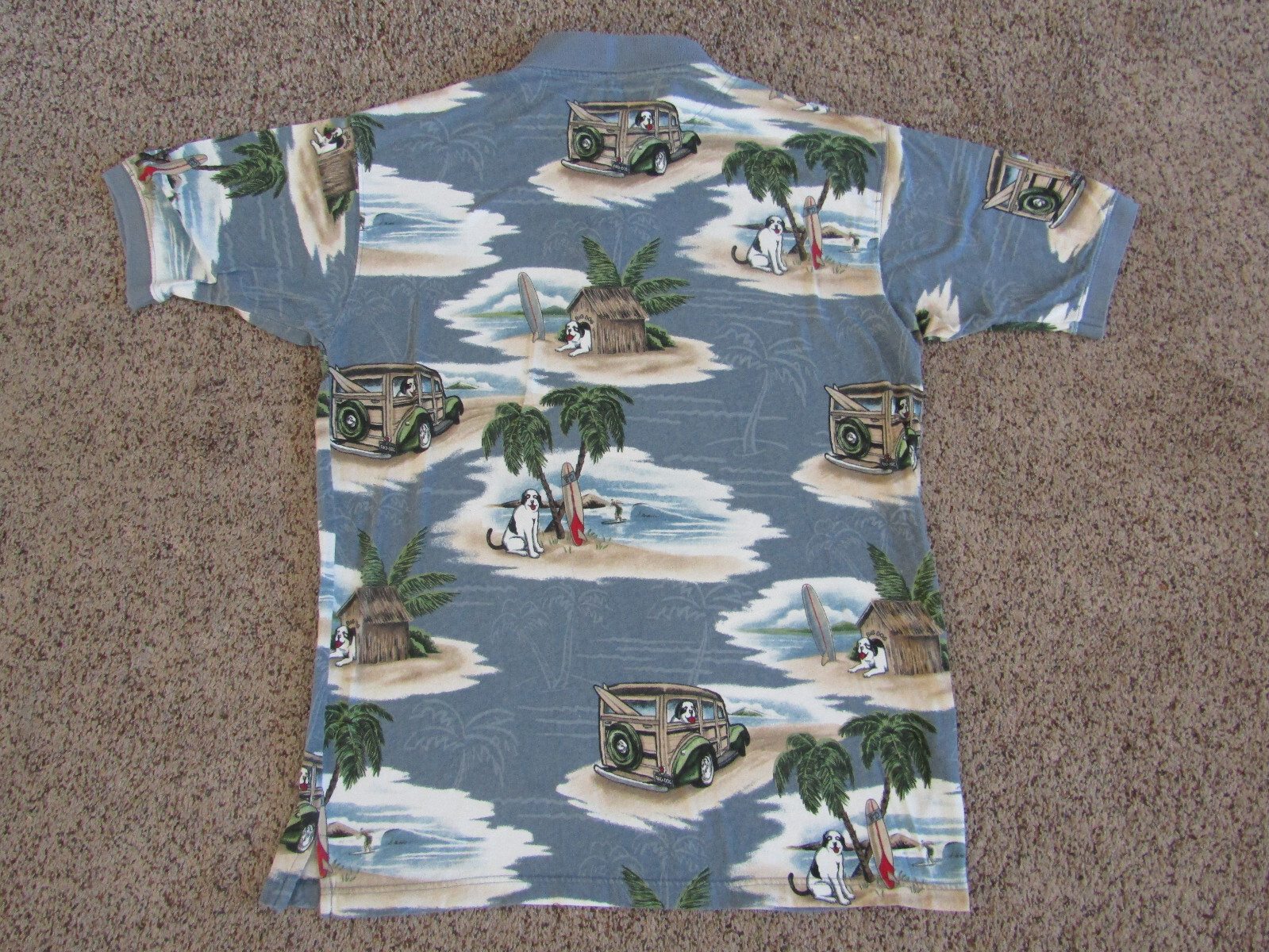 BIG DOG ALL OVER PRINT POLO SHIRT HAWAIIAN TROPICAL ISLAND WOODIE SURFER MENS L