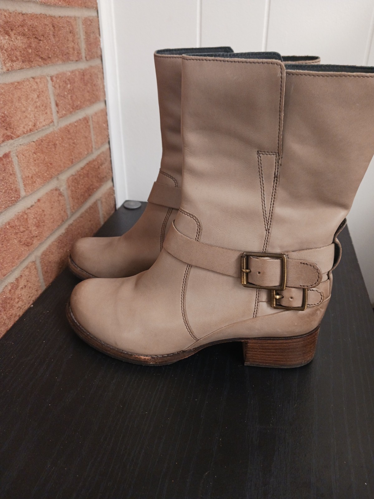 Clark Women’s Ankle Boots Monica Soul Taupe Slip On Leather Staps Buckles Size9