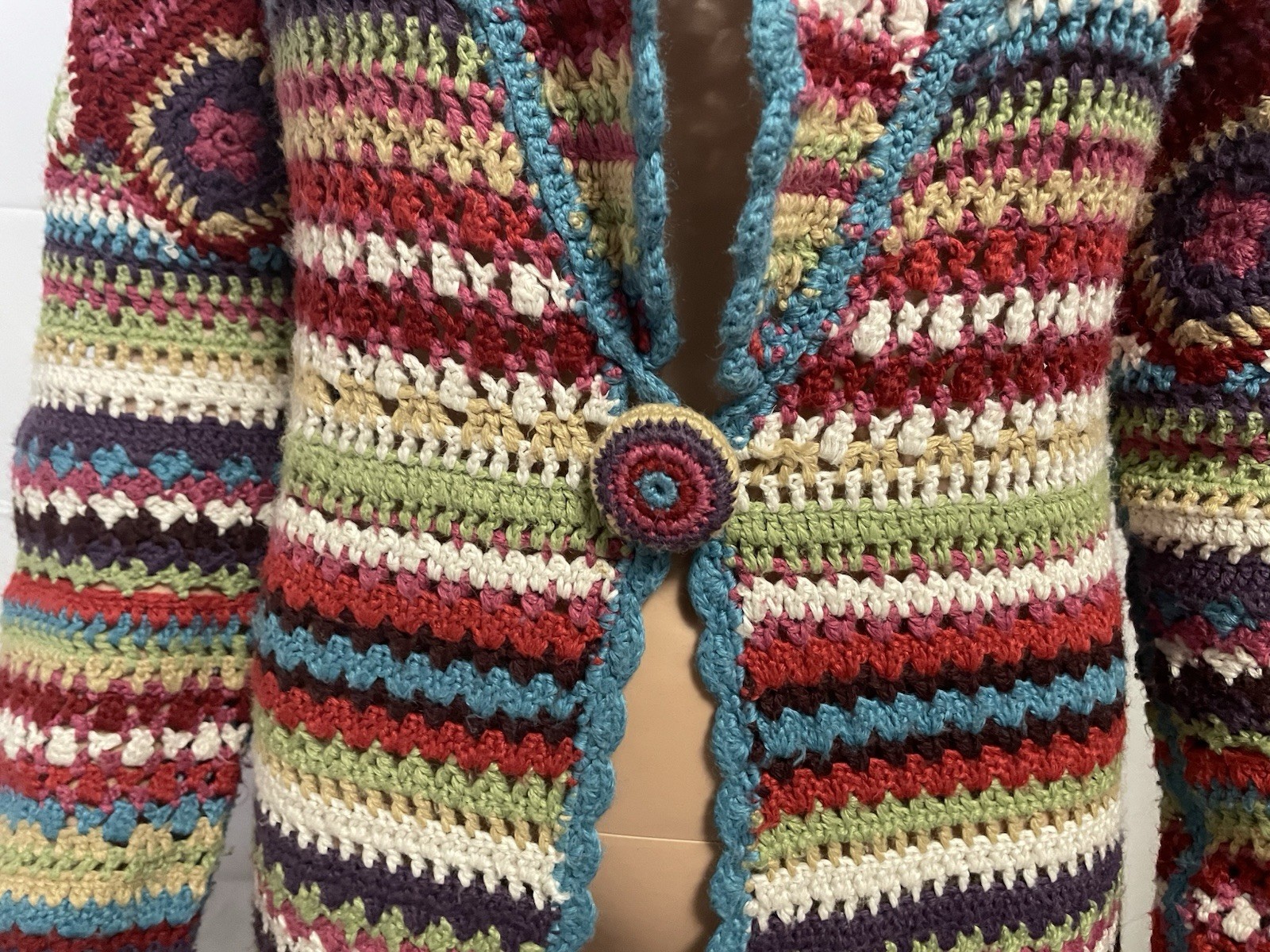 Monsoon Multicoloured Crochet Long Cardigan Size S/M (UK 10) Afghan Boho Hippie