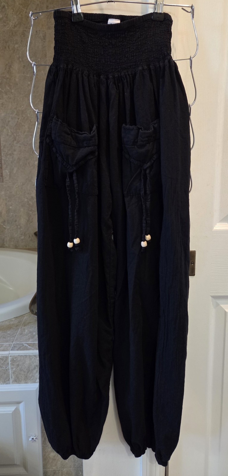 Women’s Black Harem Pants High Rise Pull On Smocked Waist Pockets