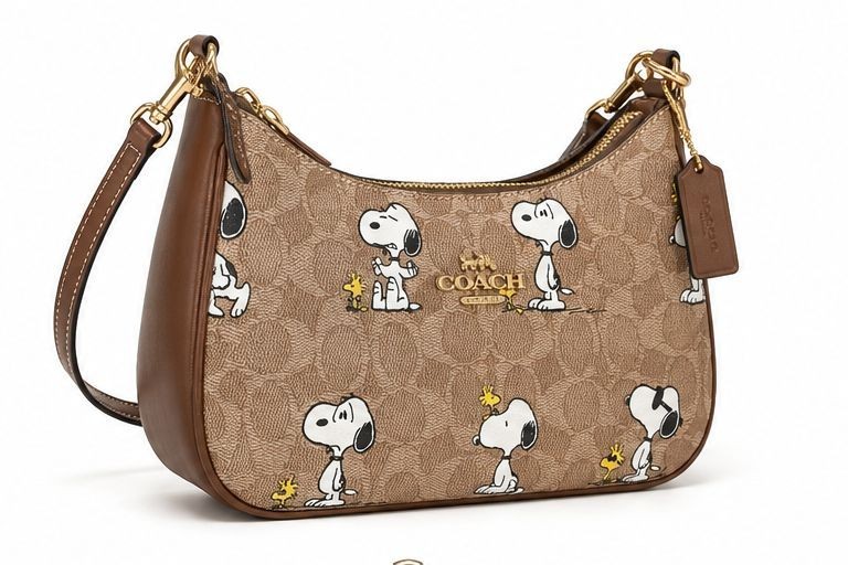 COACH x PEANUTS Teri Shoulder Bag Tan Brown Snoopy Print Signature Canvas CBJ88