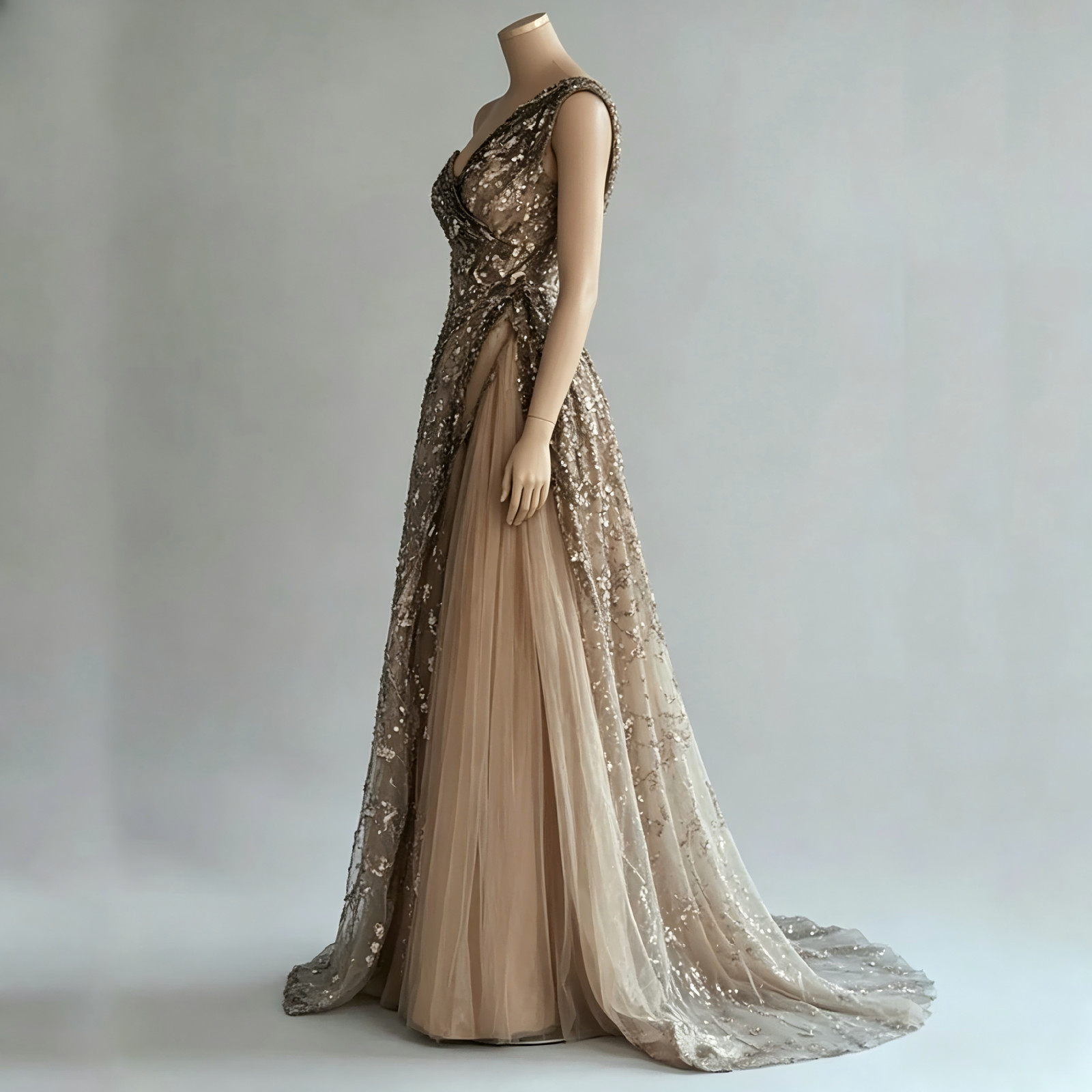 Champagne One Shoulder Sequin Beaded Evening Prom Dresses With Train