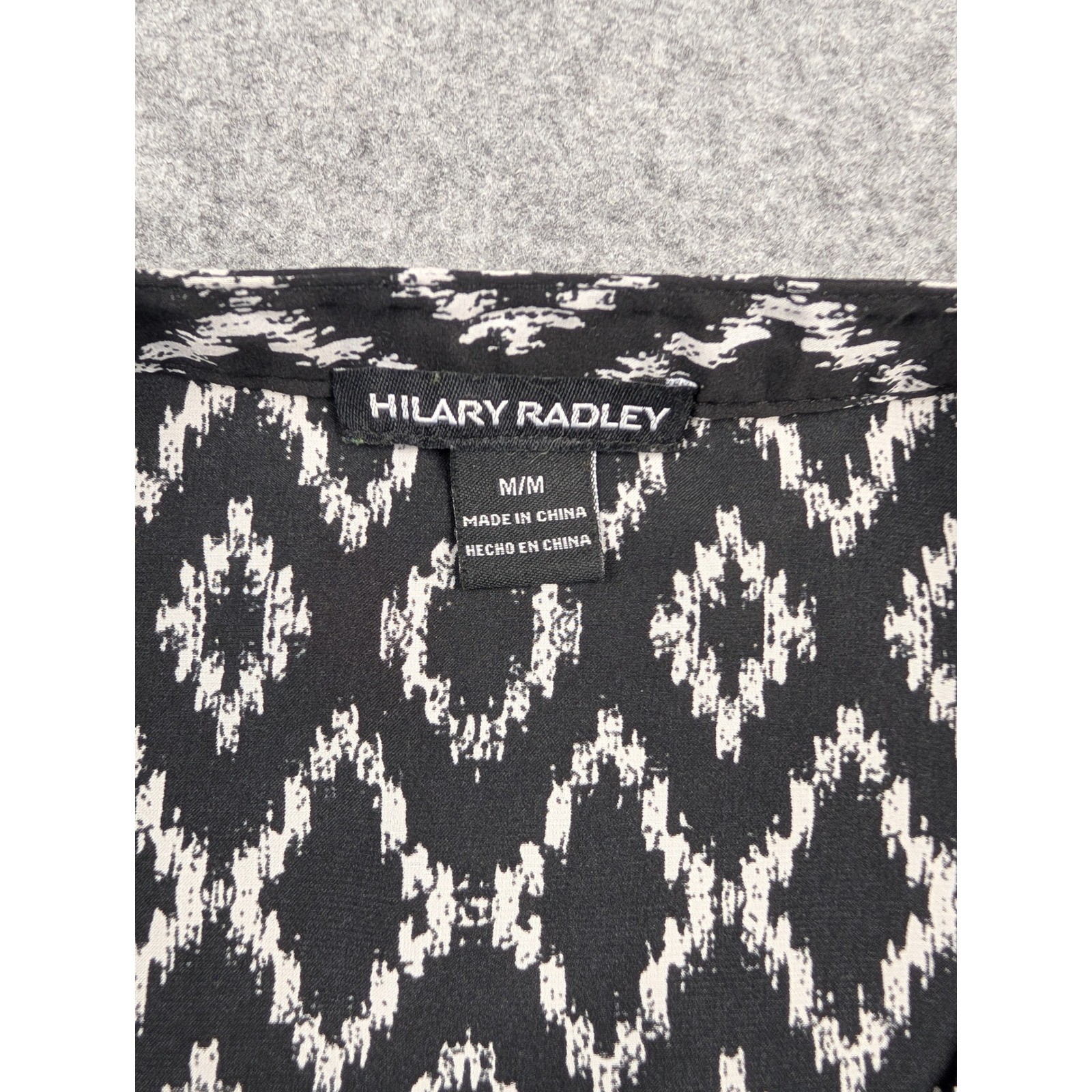 Hilary Radley Womens Black White Ikat Diamond Print Split Neck Blouse Size Med