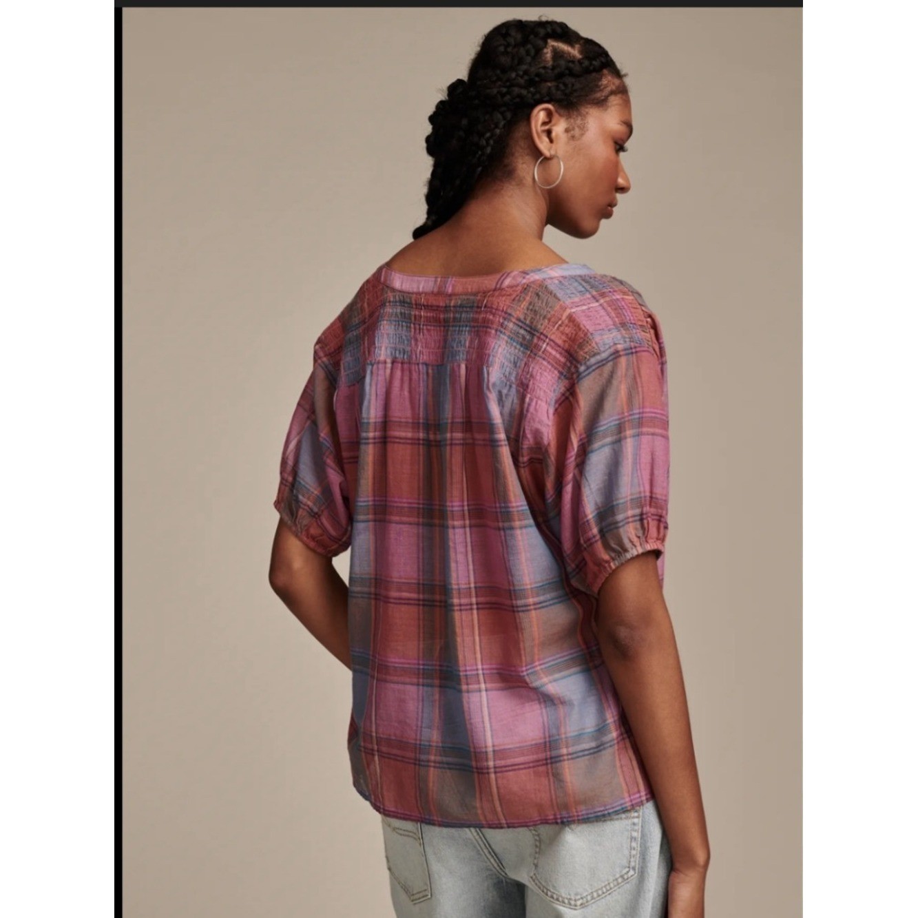 Lucky Brand Pink & Purple Plaid Smocked-Shoulder Blouse light summer top