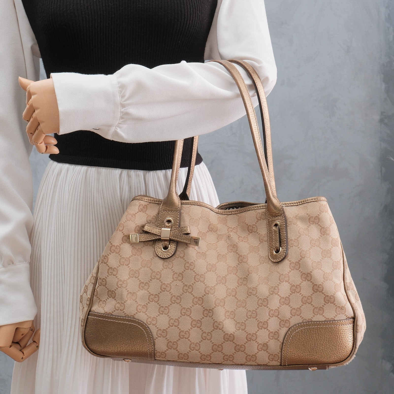 GUCCI Princy Tote Shoulder Hand Bag GG Canvas Gold